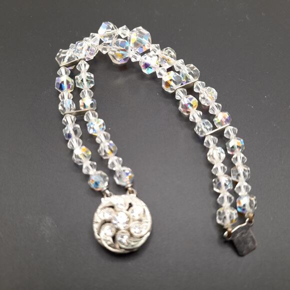 Vintage 1950s Wedding Bracelet, Aurora Borealis Crystal Beads, Rhinestone Clasp - Picture 13 of 14